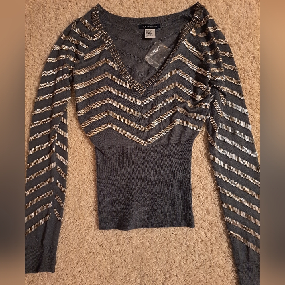 Boston Proper Gray Knit Sweater With Beading Size XS